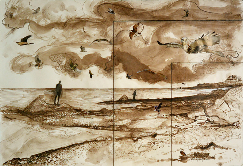 Christy Bergland Sepia Ink, Play/Time/Zones for Raptors and One Blue Bird on the Windy Coast of Maine